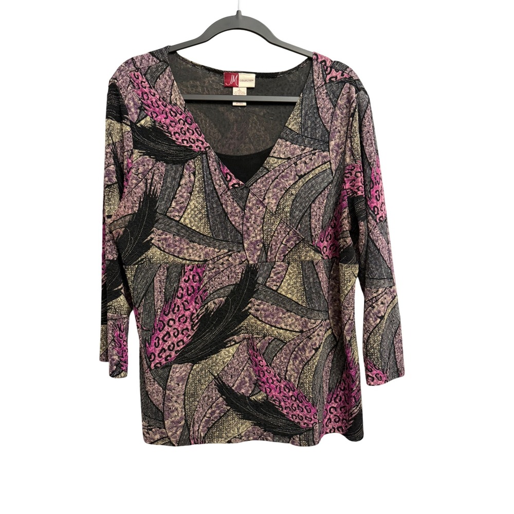 JM Collection Abstract Print Faux Wrap Top Pink Purple Gold Large Whimsygoth